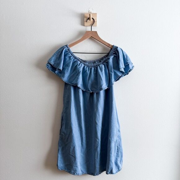 Zara Woman Premium Denim Off The Should Ruffle Dress Size S - Picture 3 of 7